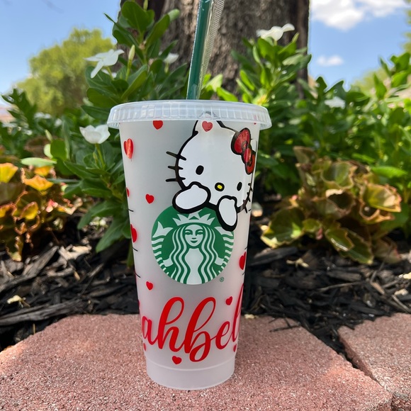 Hello kitty red hearts and personalized name Starbucks reusable venti cold cup